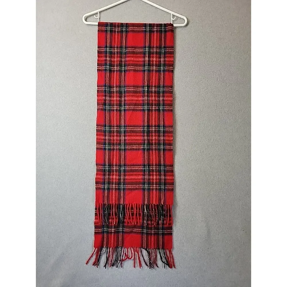 Vintage James Pringle Weavers 100% Wool Red Plaid Scarf 65x12 One Size